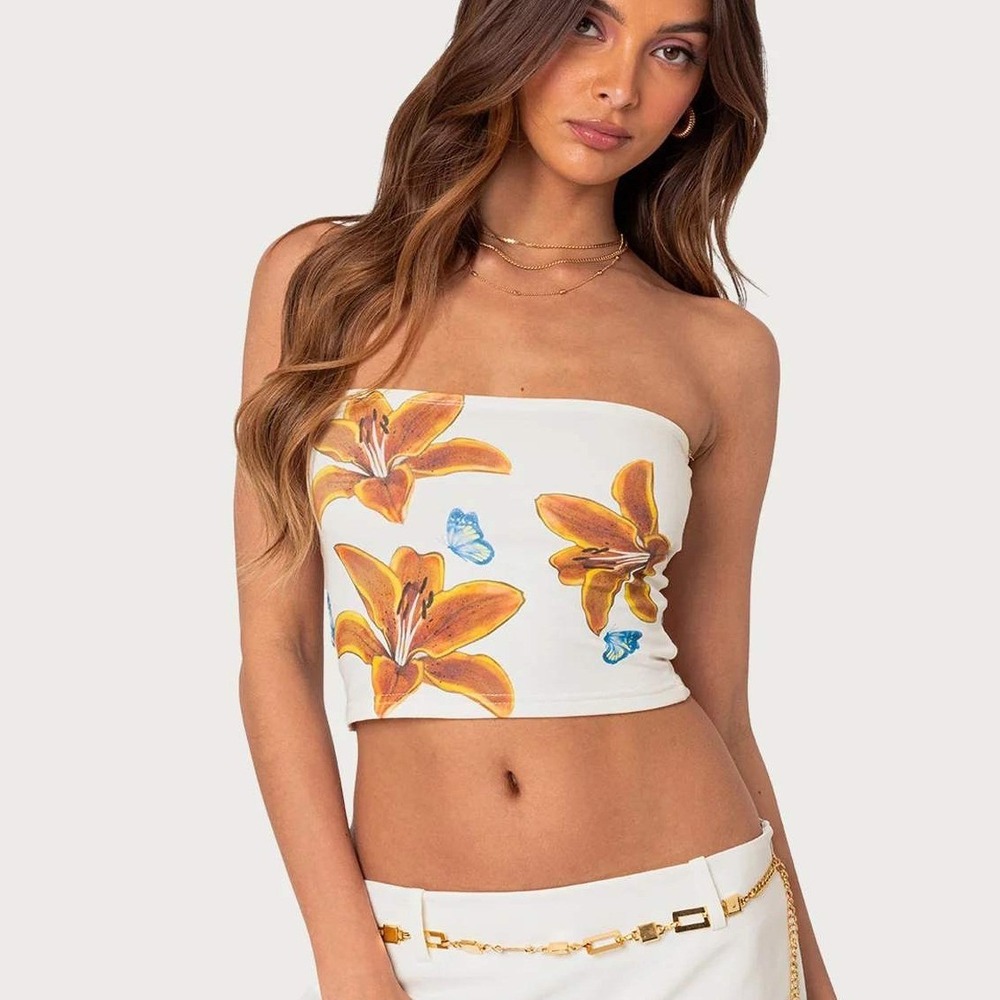 Edikted Tigerlily Tube Top Womens Medium White Floral Butterfly Strapless Crop